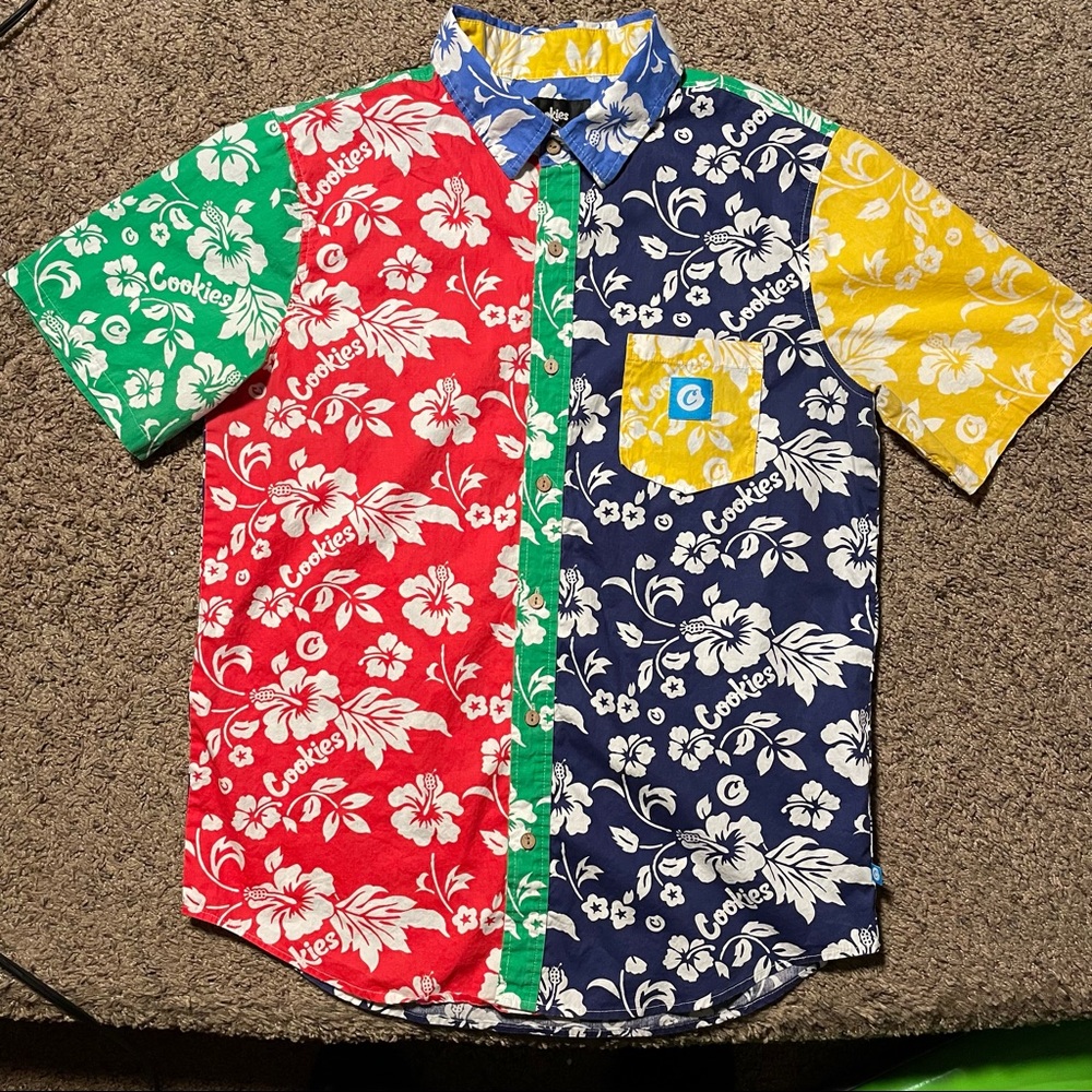 Men’s Medium Short Sleeve Button Down Cookies Waimea Cotton Shirt ( Multi )